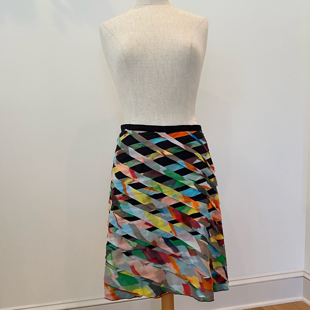 Cori 100% Silk Skirt Black with Bright Woven Silk Strips W Ruffle
